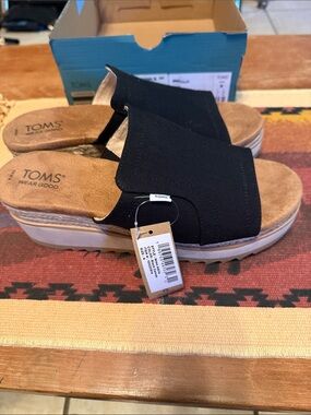 TOMS Black Canvas Slide Sandals with Tan Suede Footbed “Adria”